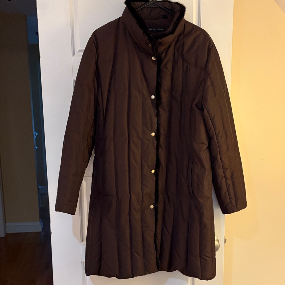 Dana Buchman Dark Brown Puffer Coat Genuine Fur Trim (L)